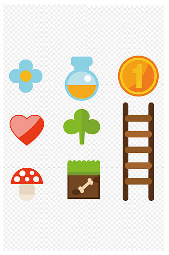 各种游戏道具金币梯子蘑菇树木花朵免扣元素
