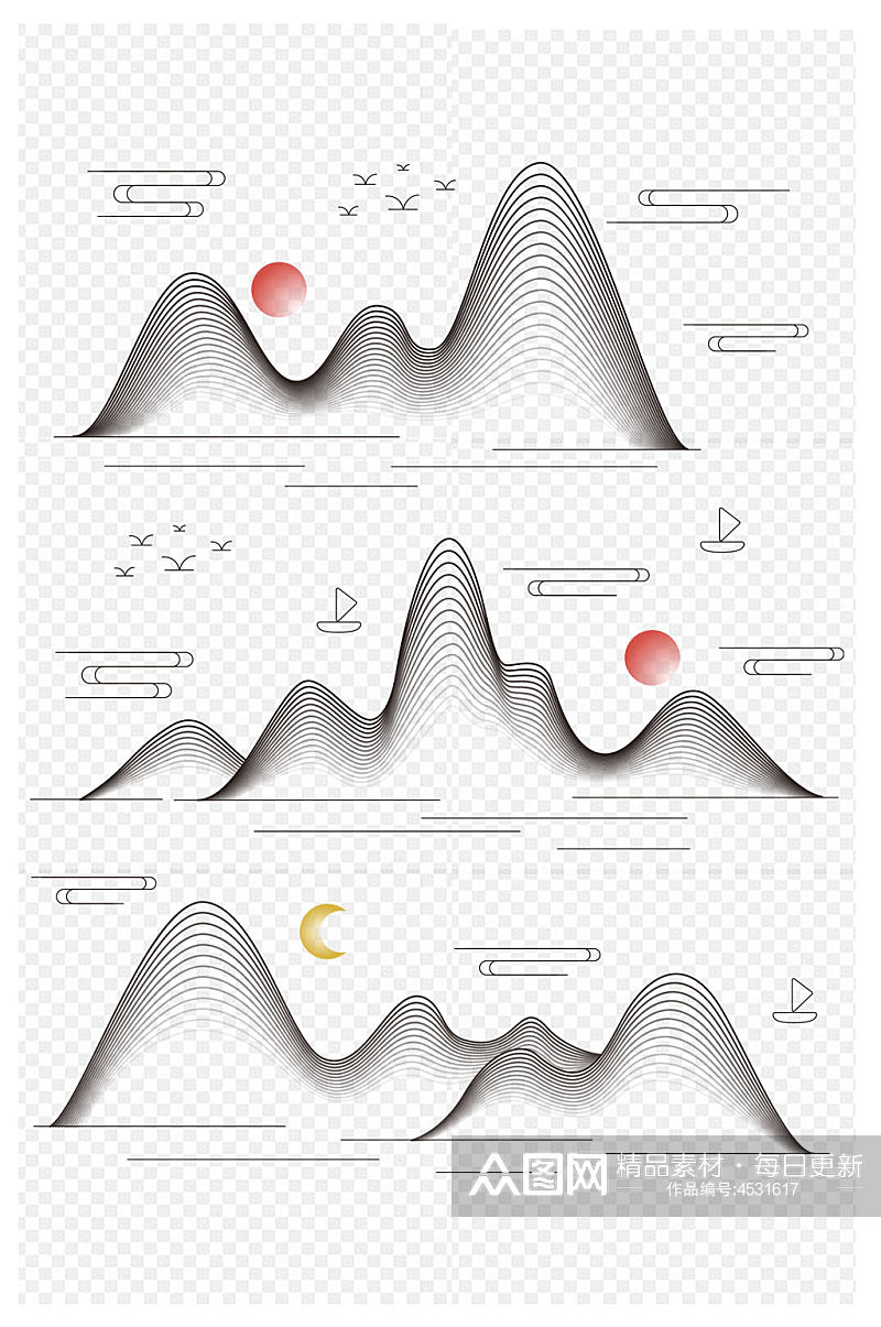 中国风山水水墨线条山水云纹祥云船免扣元素素材