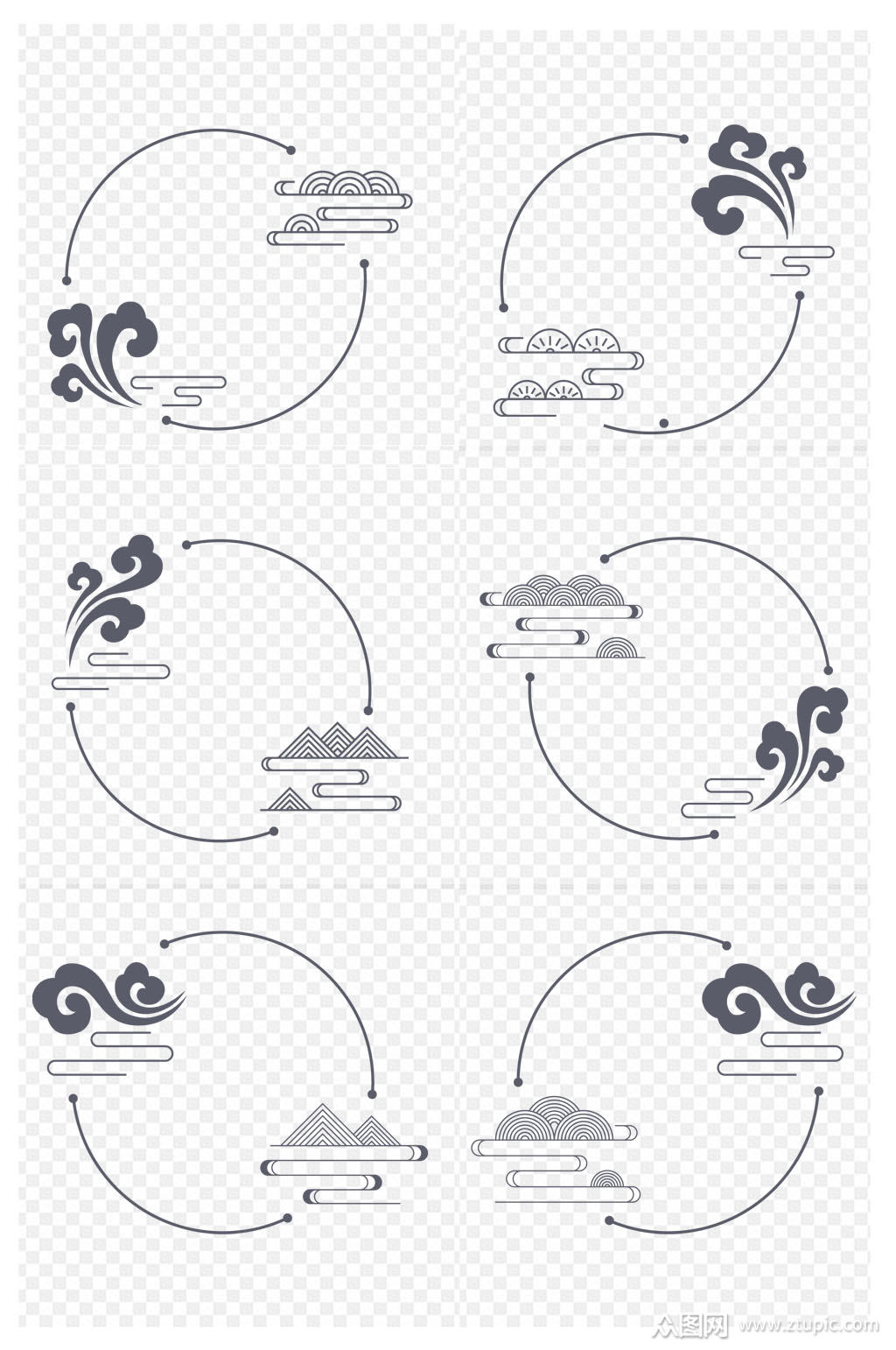 中国风祥云圆形边框云纹山纹古典免扣元素素材