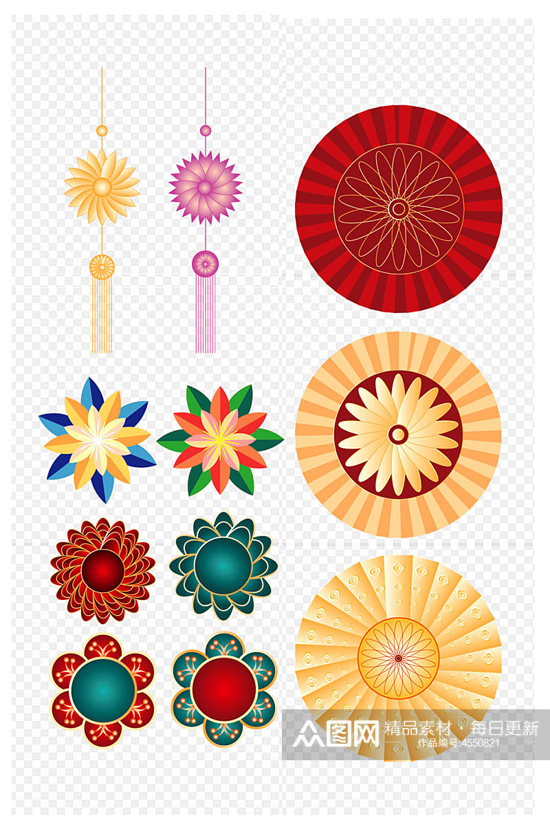 中式手绘传统新年喜庆吊坠朵雨伞面免扣元素素材