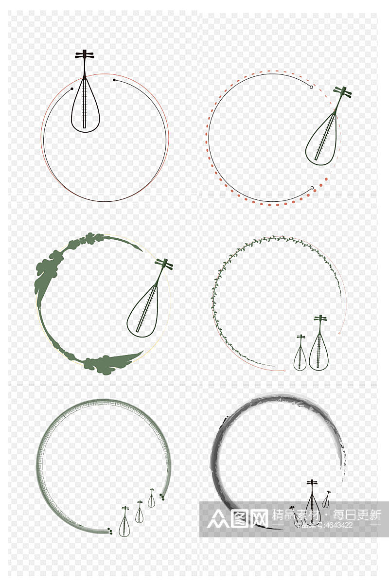 中国风琵琶圆圈圆环圆框中式装饰免扣元素素材