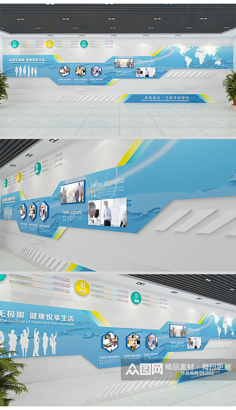 蓝色简约高新科技企业发展历程文化墙素材