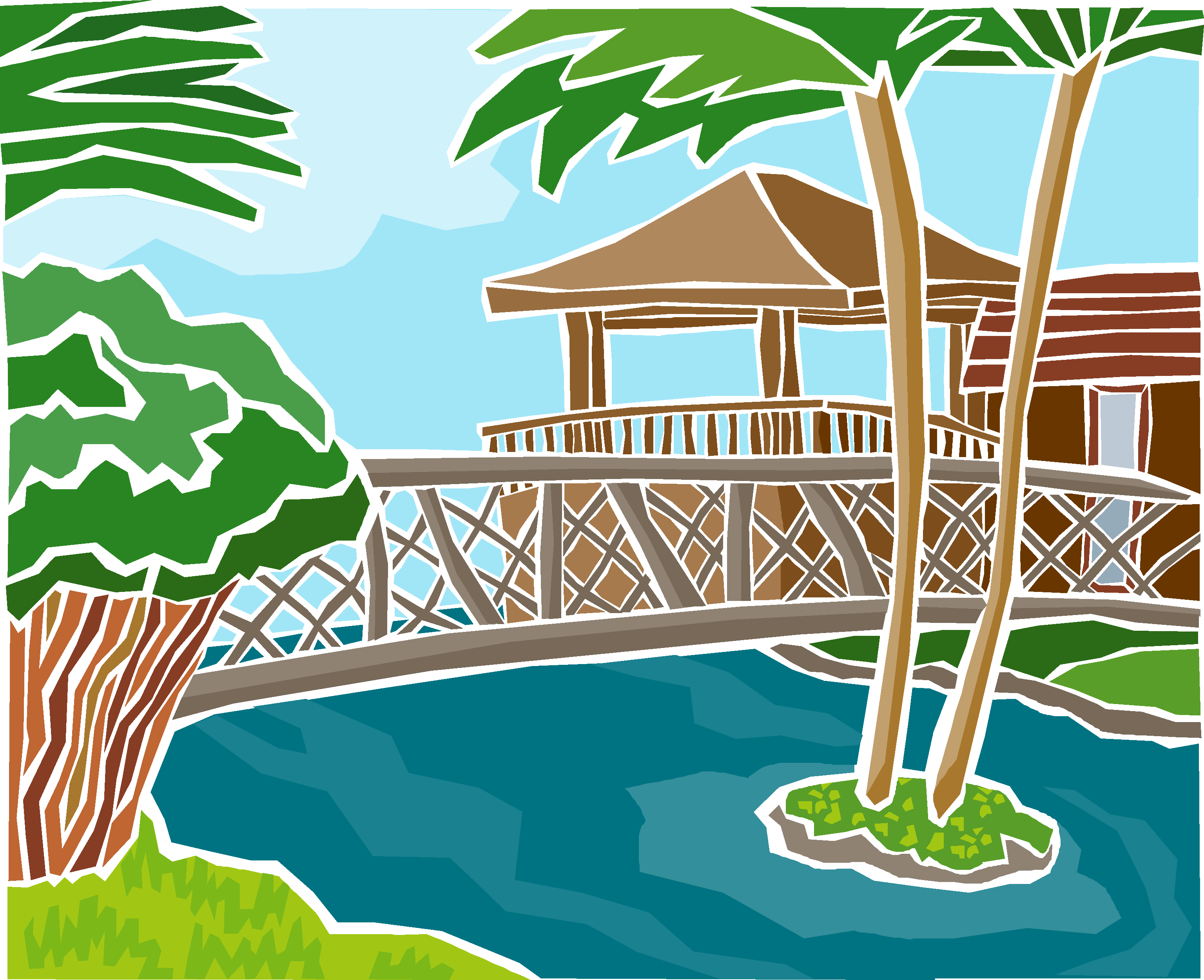 美式复古庭院泳池插画素材
