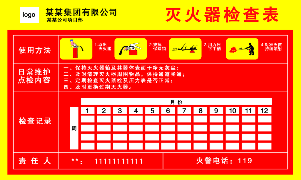 灭火器使用方法和周期检查表素材
