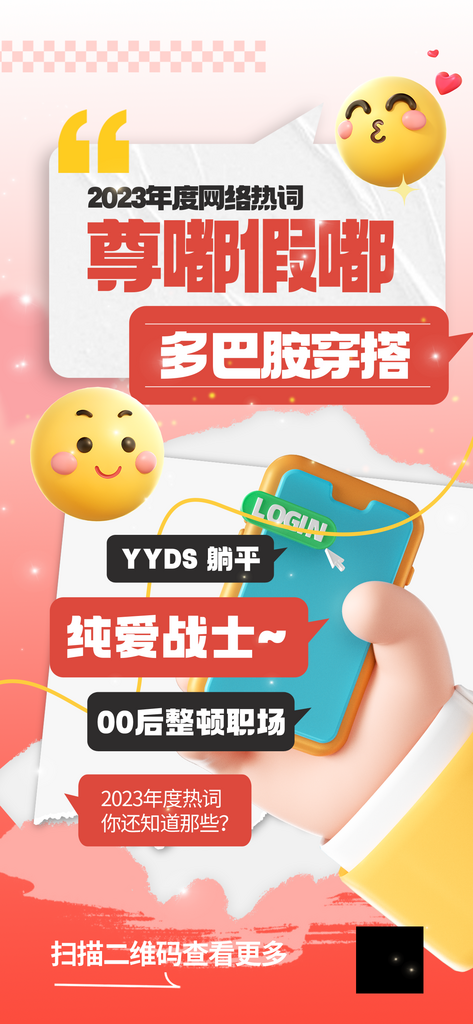 渐变2023年度关键热词网络用语手机海报素材