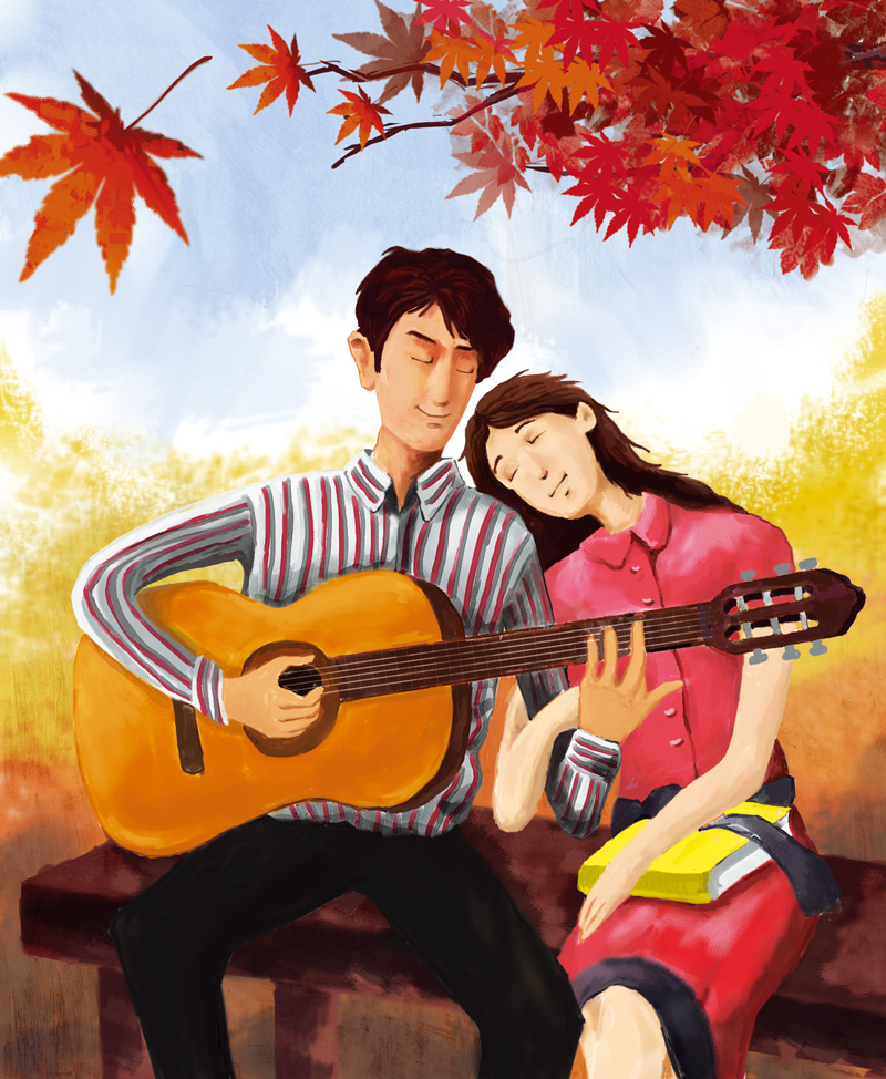 水彩情侣吉他男艺术插画风景画素材