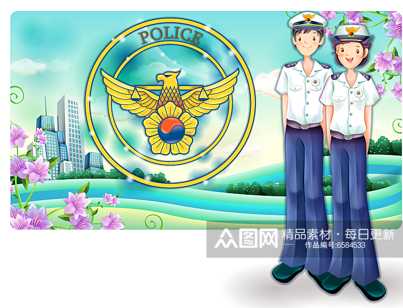 矢量手绘警察交警插画风景画素材