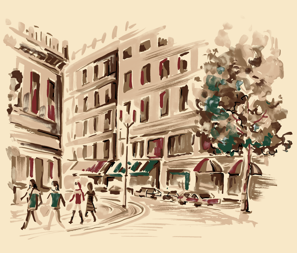 手绘复古建筑街景插画图片素材