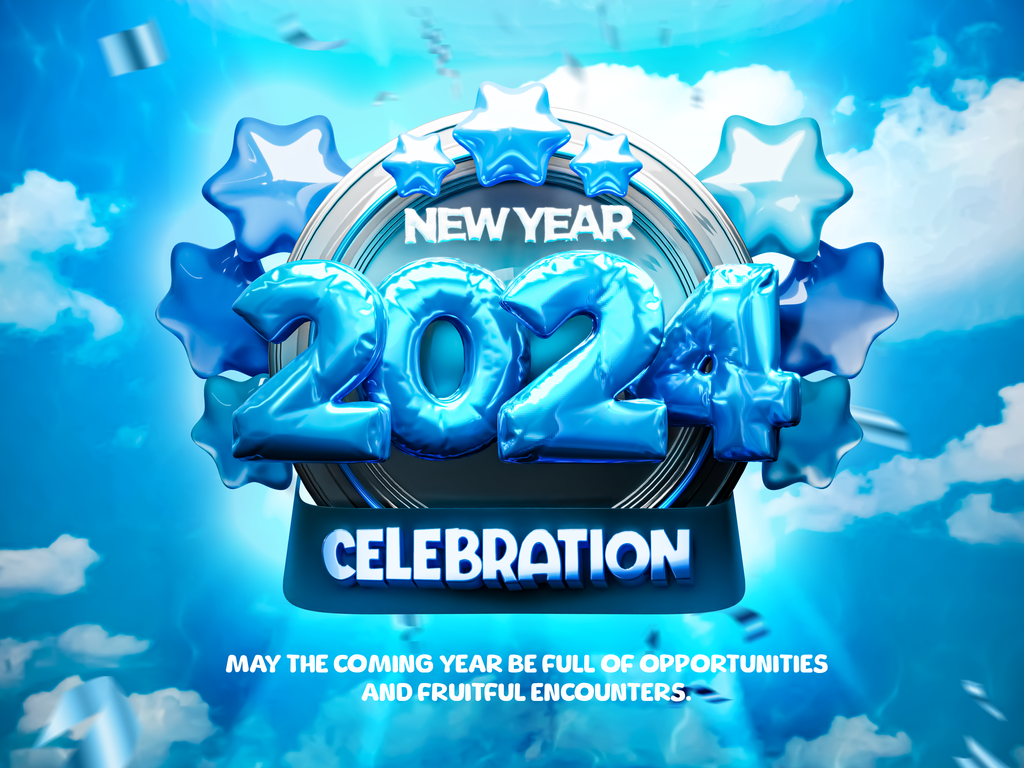 蓝色气球2024新年快乐海报设计素材