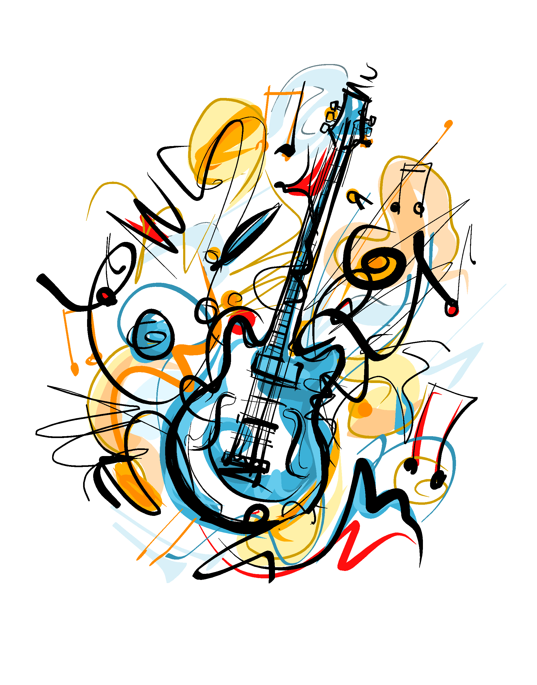 水彩音符吉他乐器矢量背景插画素材