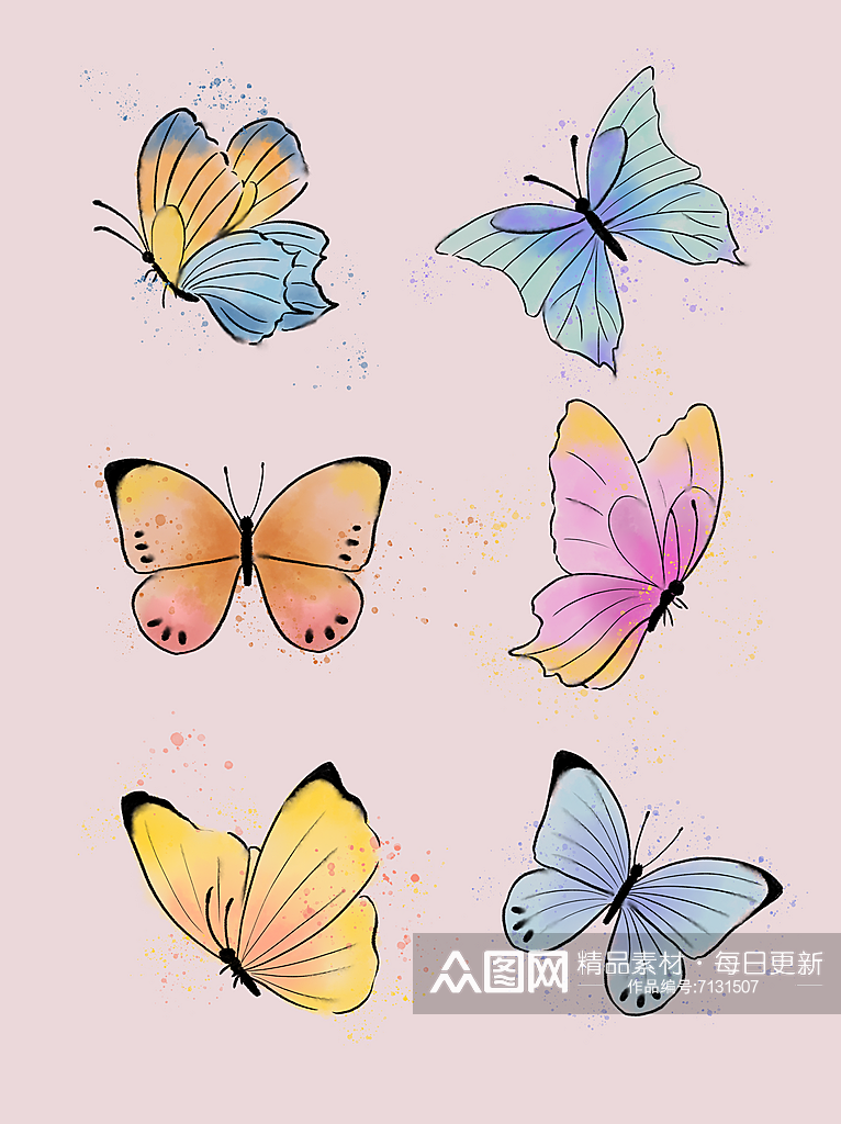 手绘水彩卡通线描蝴蝶设计素材素材