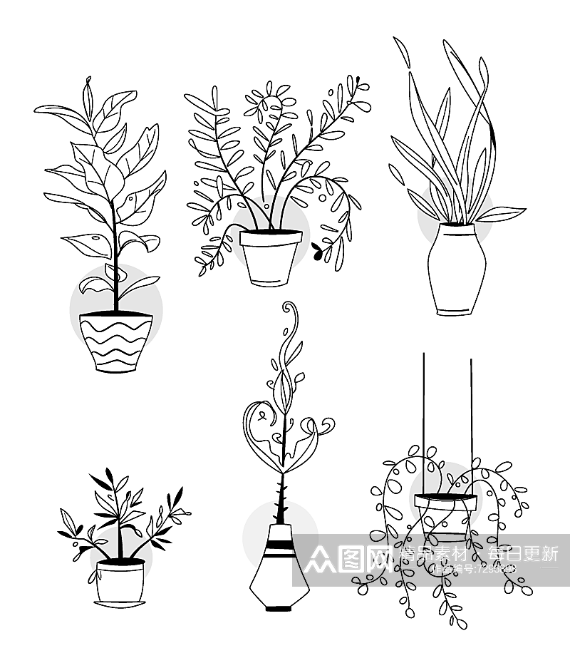 卡通黑白线描花卉盆栽矢量元素素材