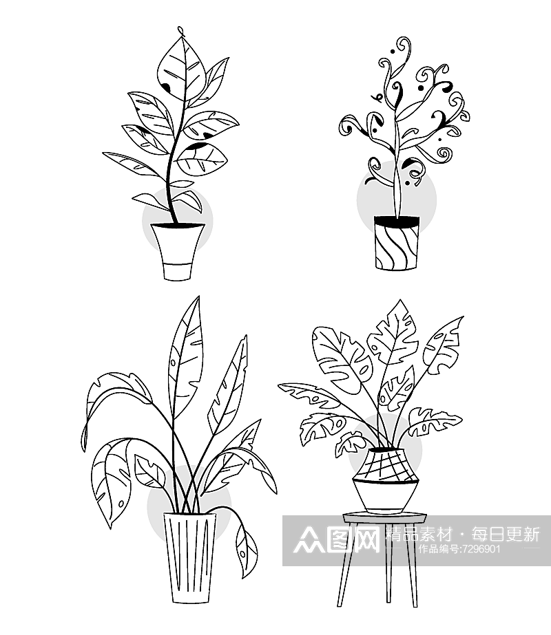 卡通黑白线描花卉盆栽矢量元素素材