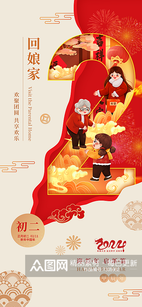 春节初二年俗龙年回娘家海报素材