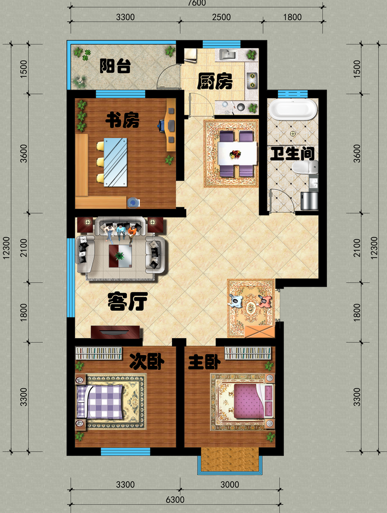 中式三室两厅一卫户型图素材