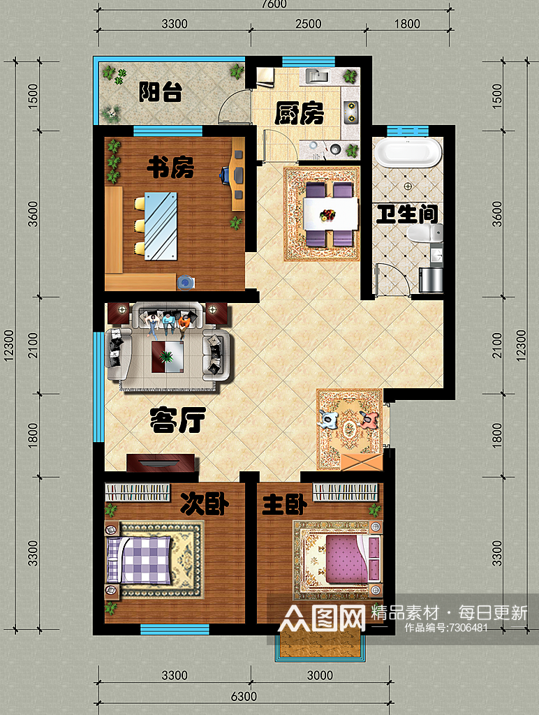 中式三室两厅一卫户型图素材