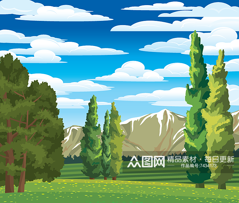 唯美天空树林湖畔风景画矢量插画素材