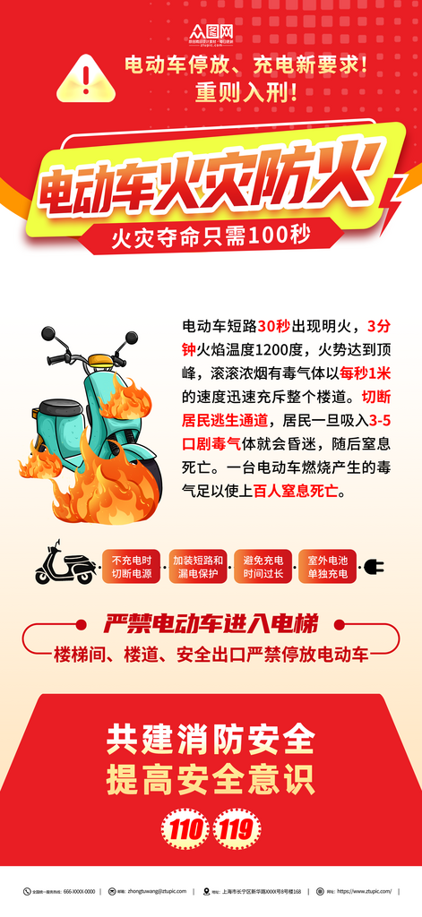 创意电动车火灾防火警示海报素材