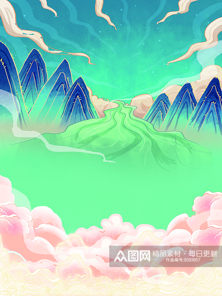 中国风复古节气国潮背景插画山水云风景海报素材