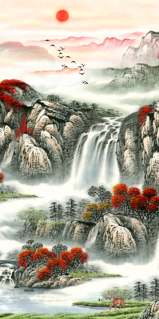 山水画水彩画水墨画素材