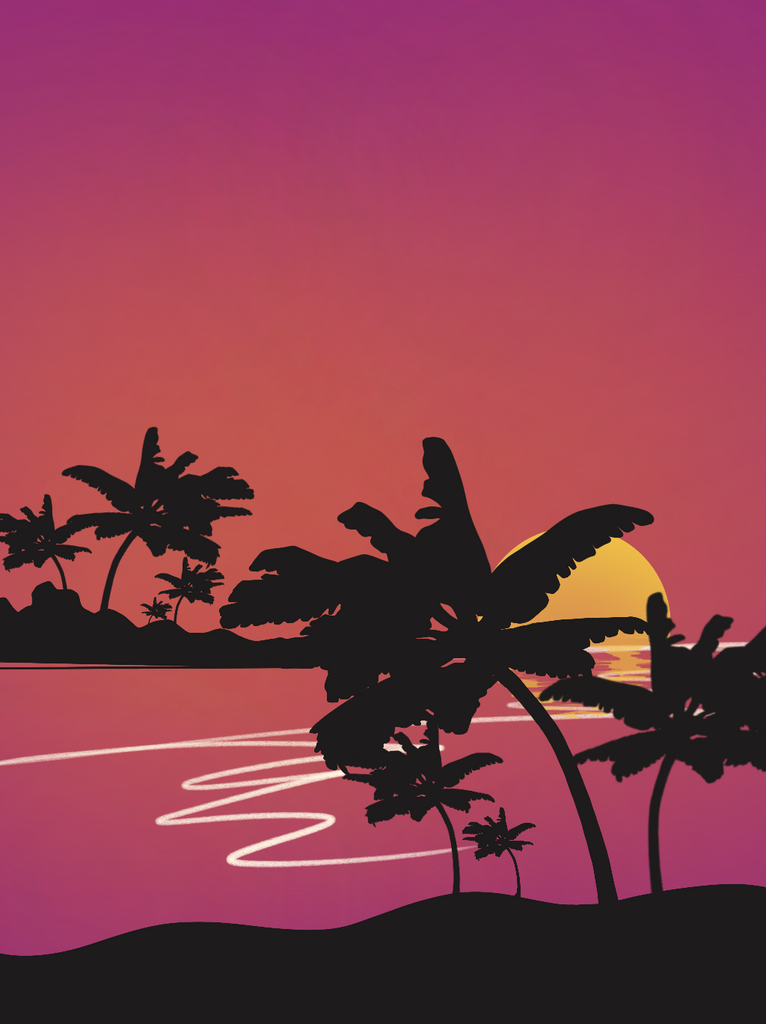 夏威夷风格日落椰树海滩海岛风景插画广告素材