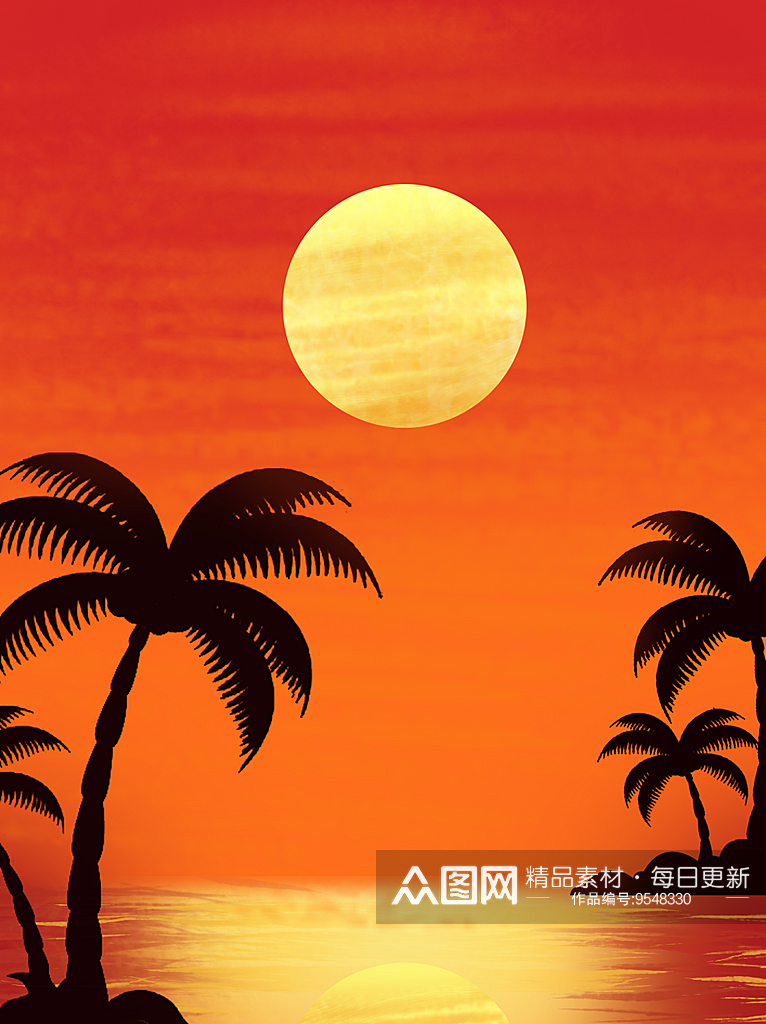 夏威夷风格日落椰树海滩海岛风景插画广告素材