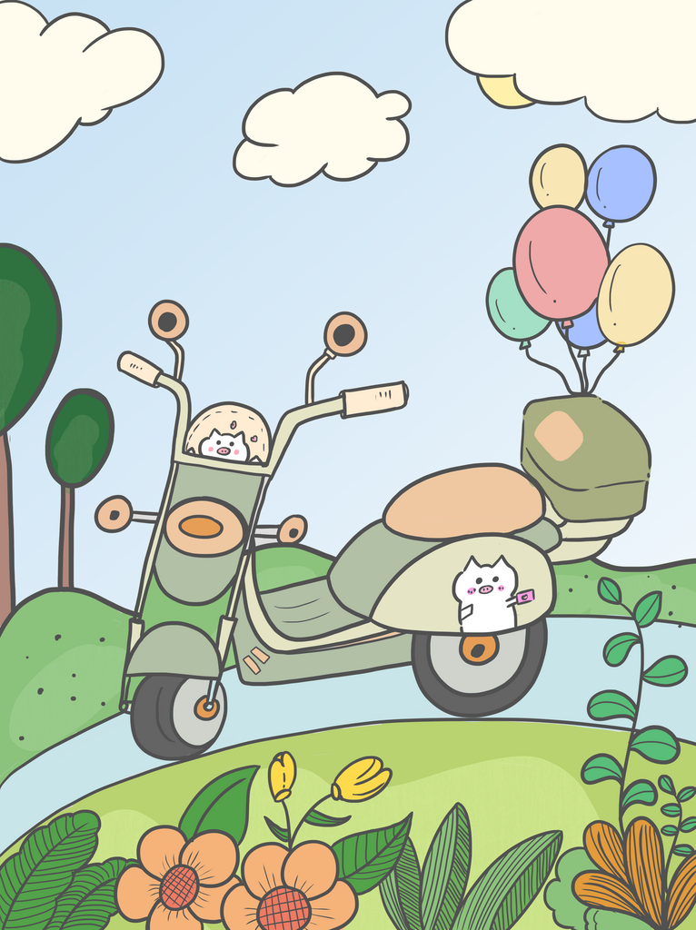 春天卡通小摩托插画素材