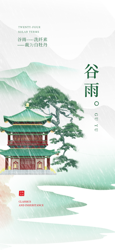 中国风中式建筑谷雨节气地产借势营销海报素材