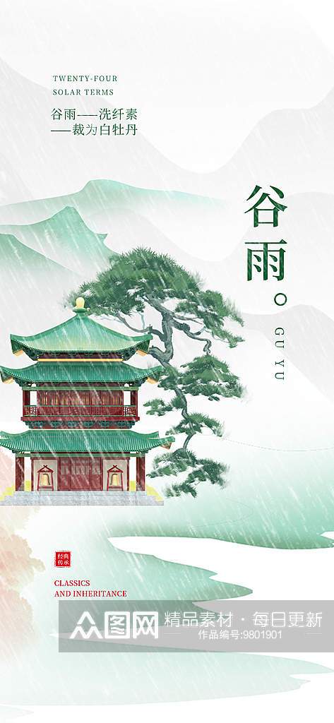 中国风中式建筑谷雨节气地产借势营销海报素材