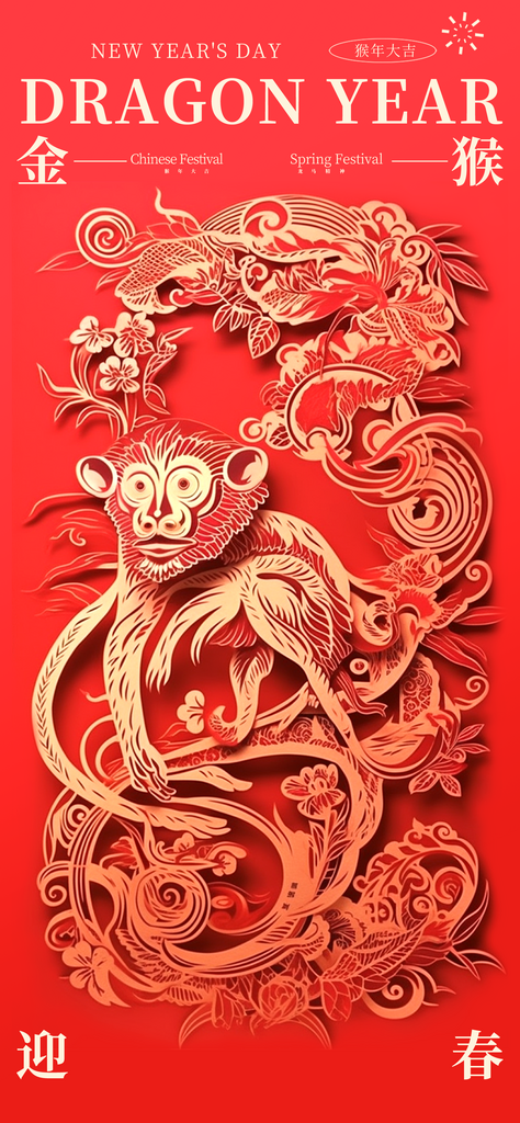 猴年剪纸窗花中式海报素材