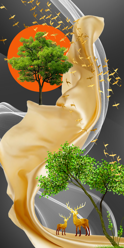 轻奢水彩风景画大树艺术装饰画素材