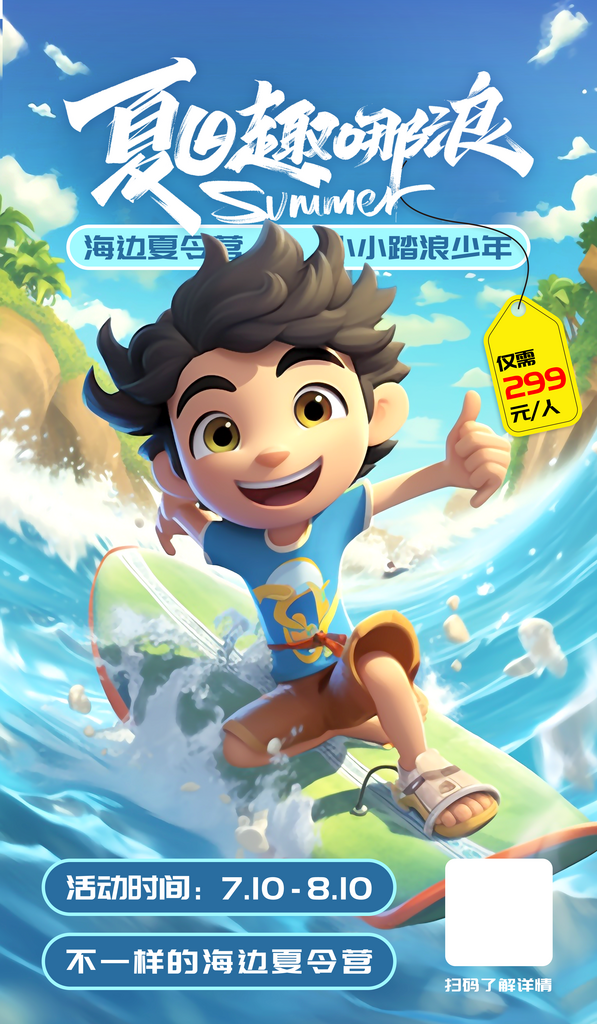 夏令营海边冲浪蓝色AIGC海报素材