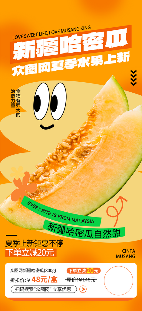 夏季哈密瓜水果手机海报素材