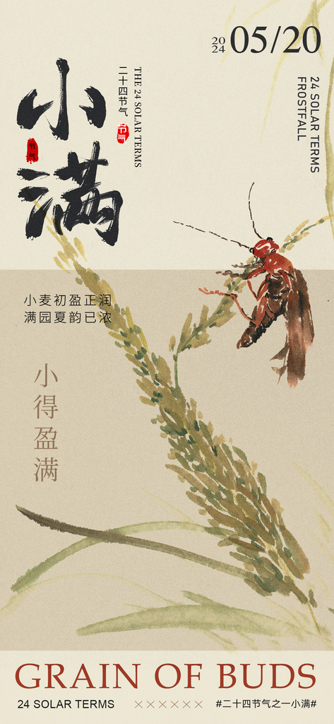 小满节气麦穗昆虫浅咖色新中式海报素材