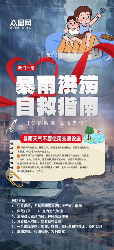 大氣暴雨洪澇自然災(zāi)害自救指南知識防災(zāi)減災(zāi)預(yù)警海報素材