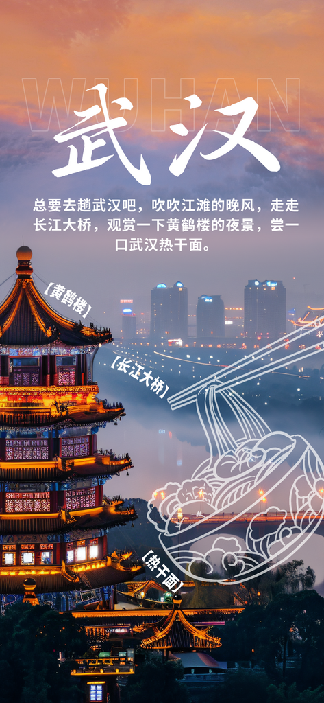 城市文旅宣传黄鹤楼紫色简约全屏海报素材