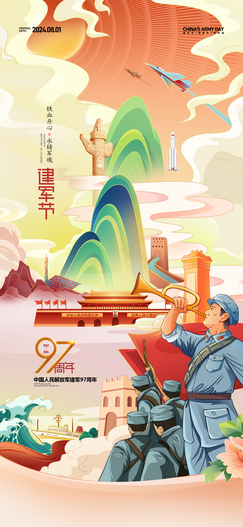 国潮建军节插画军魂八一党建海报素材
