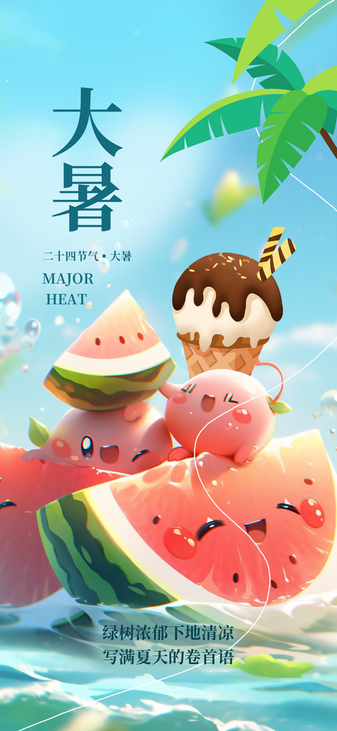 大暑西瓜蓝色简约全屏海报平面海报设计素材