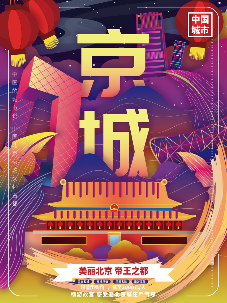 手绘地标建筑京城旅游插画海报素材
