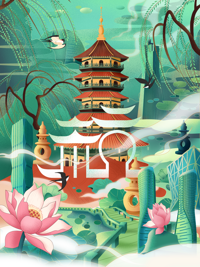 城市建筑卡通杭州旅游插画海报素材