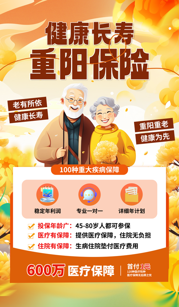 重阳节养老保险老年人黄色插画风海报素材