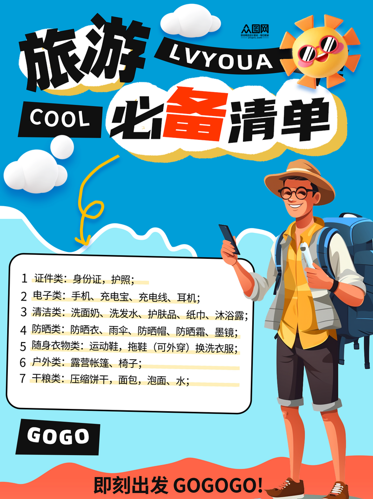 蓝色旅游必备清单小红书封面海报素材