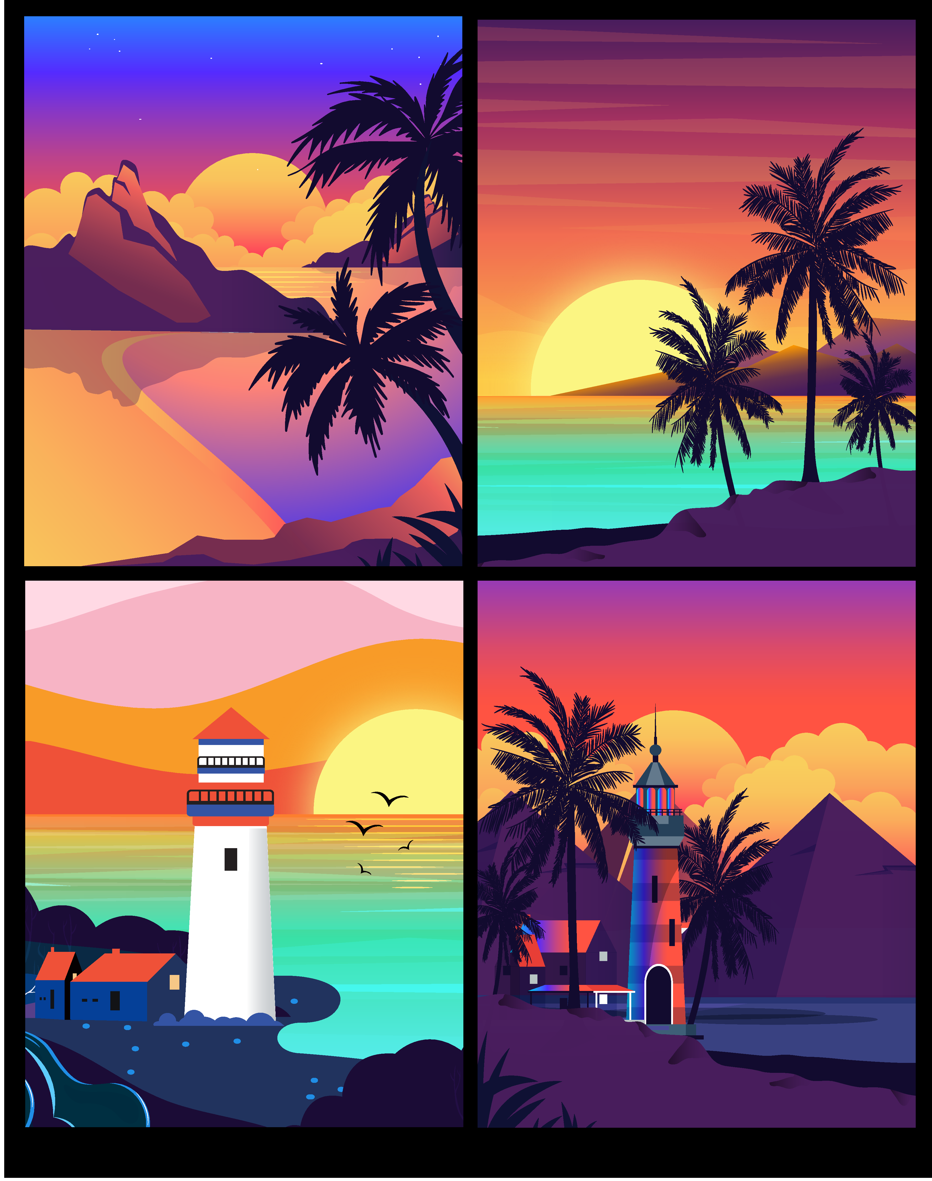 海滨夕阳景观插画素材