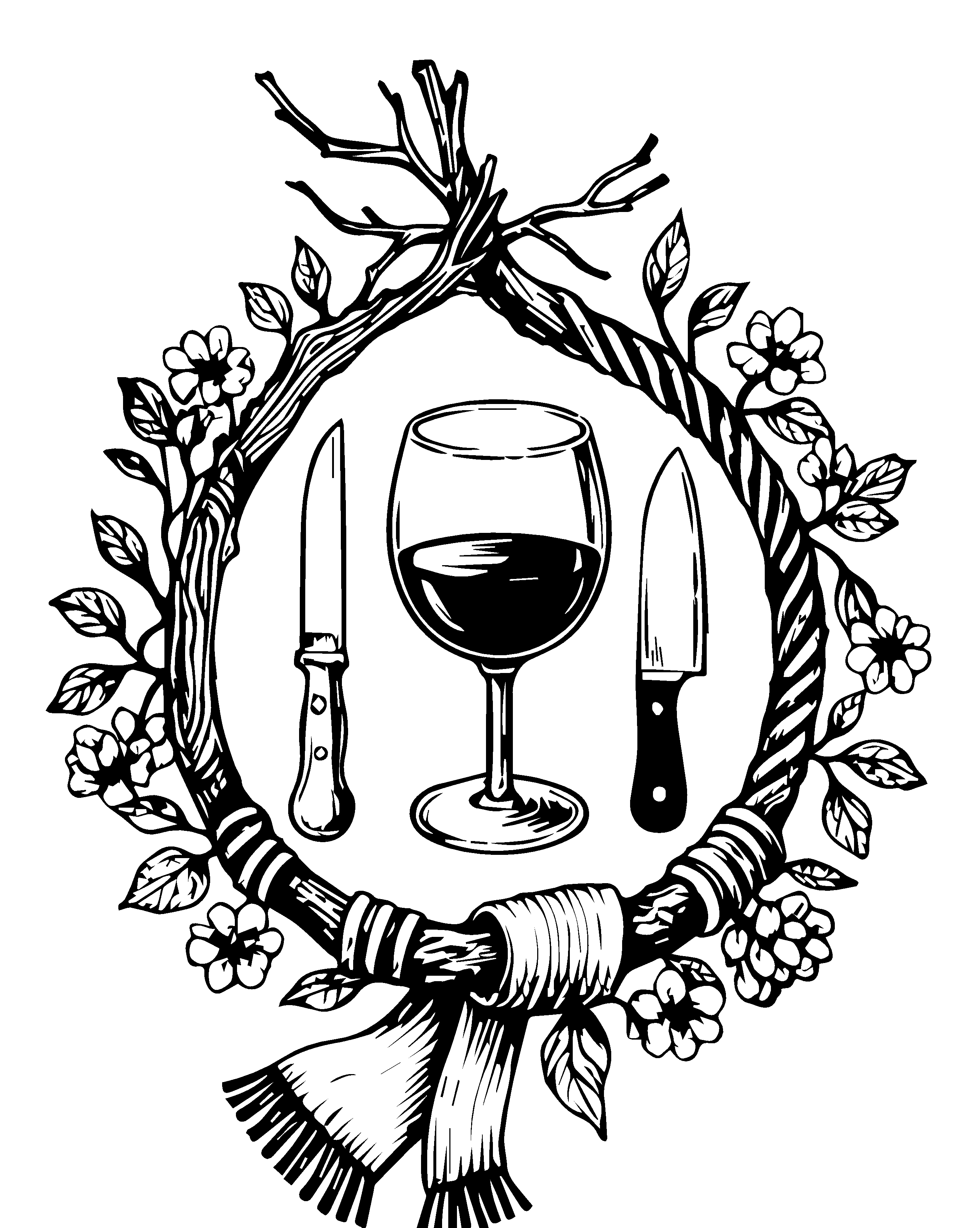 黑白葡萄酒瓶酒杯木凳插画图形素材