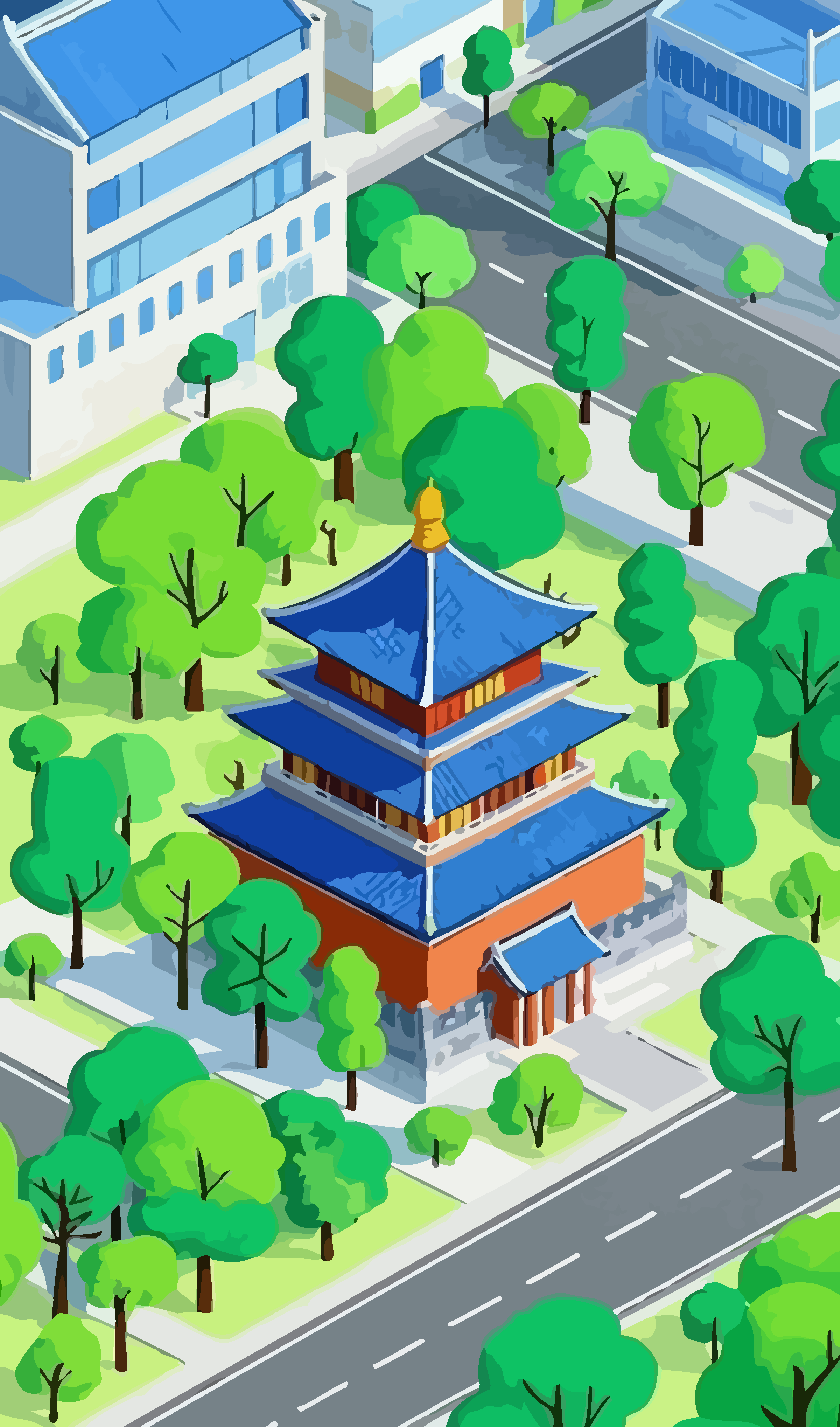 城市古建筑景矢量插画图形素材