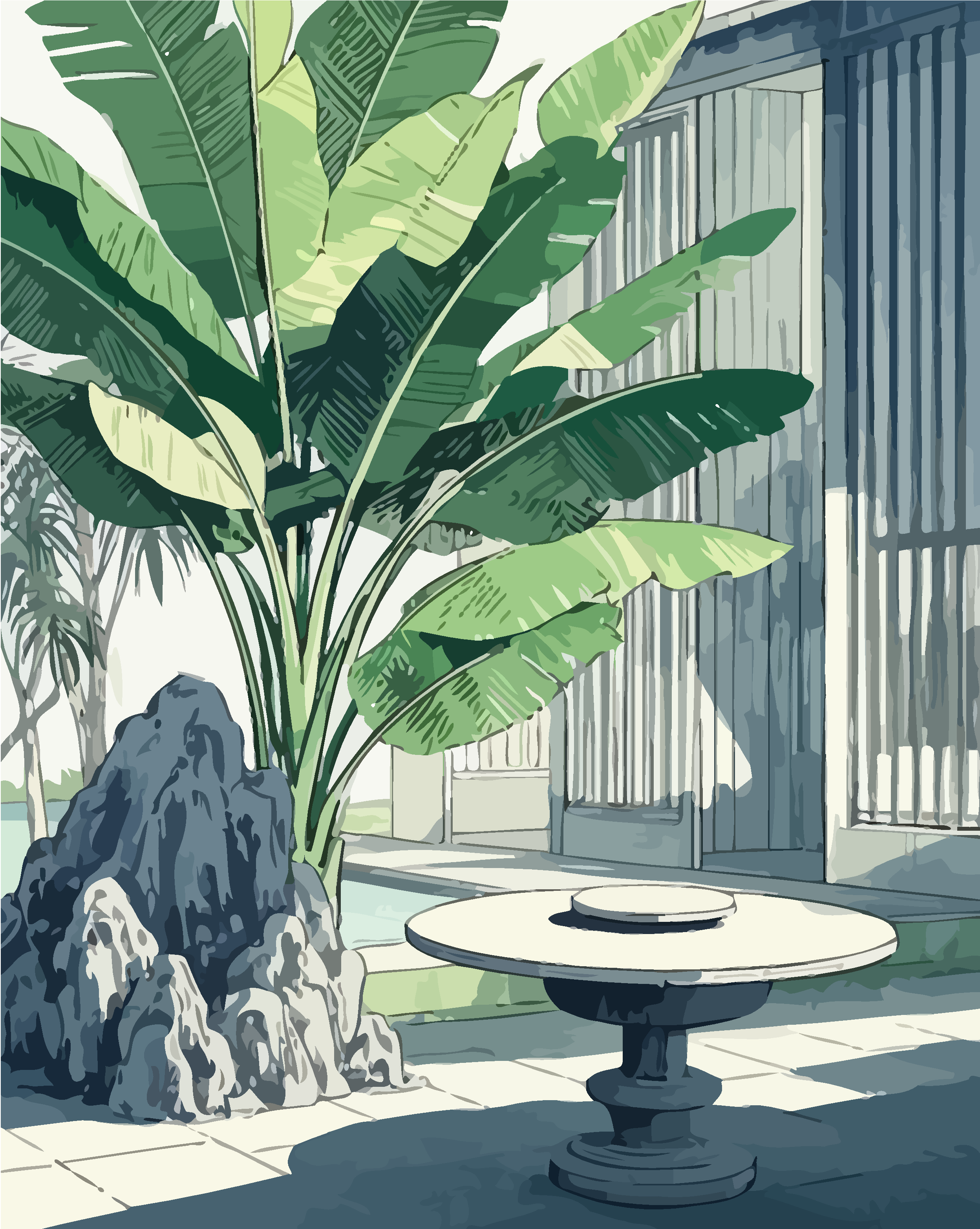 庭院芭蕉假山矢量插画图形素材