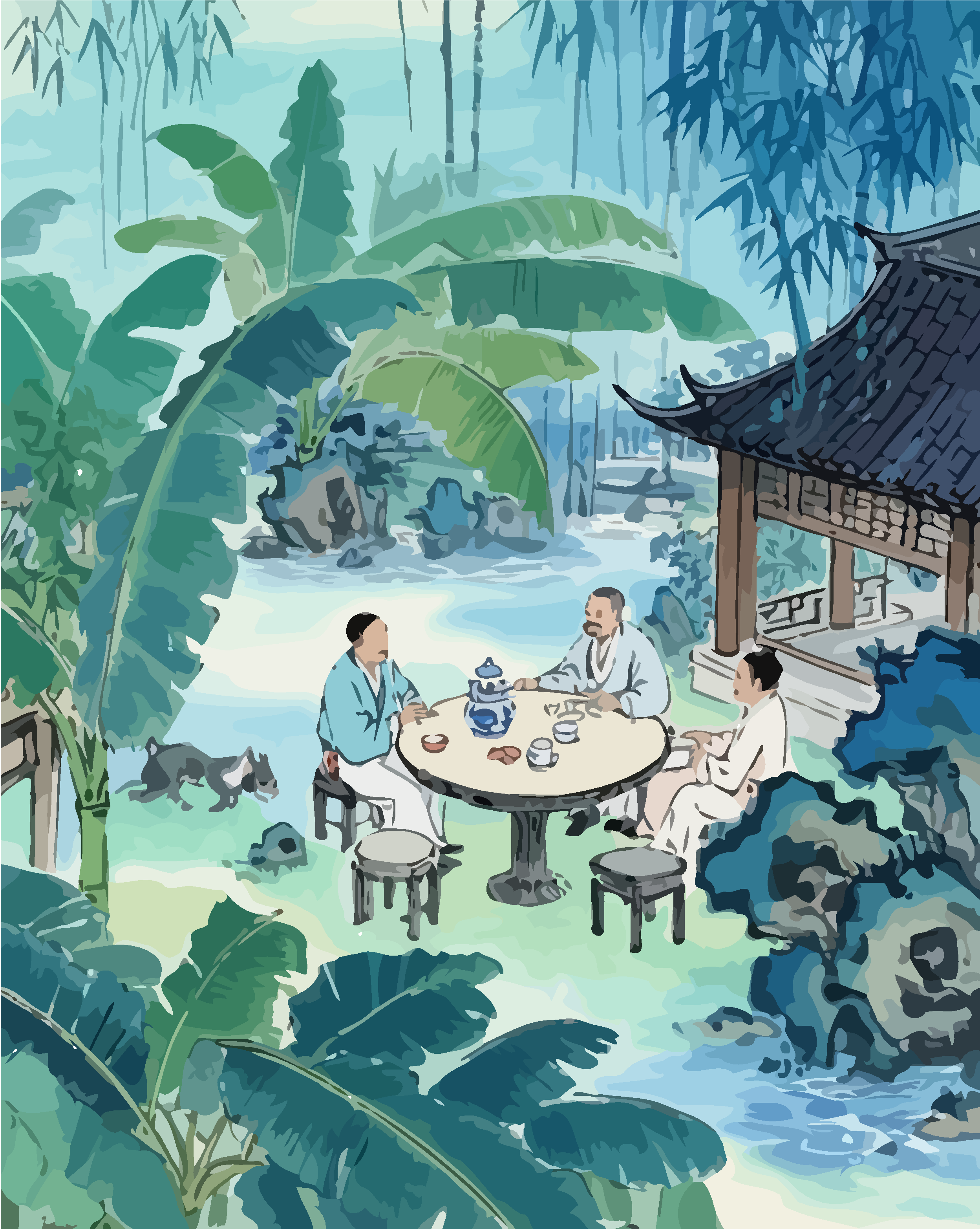 庭院芭蕉假山矢量插画图形素材