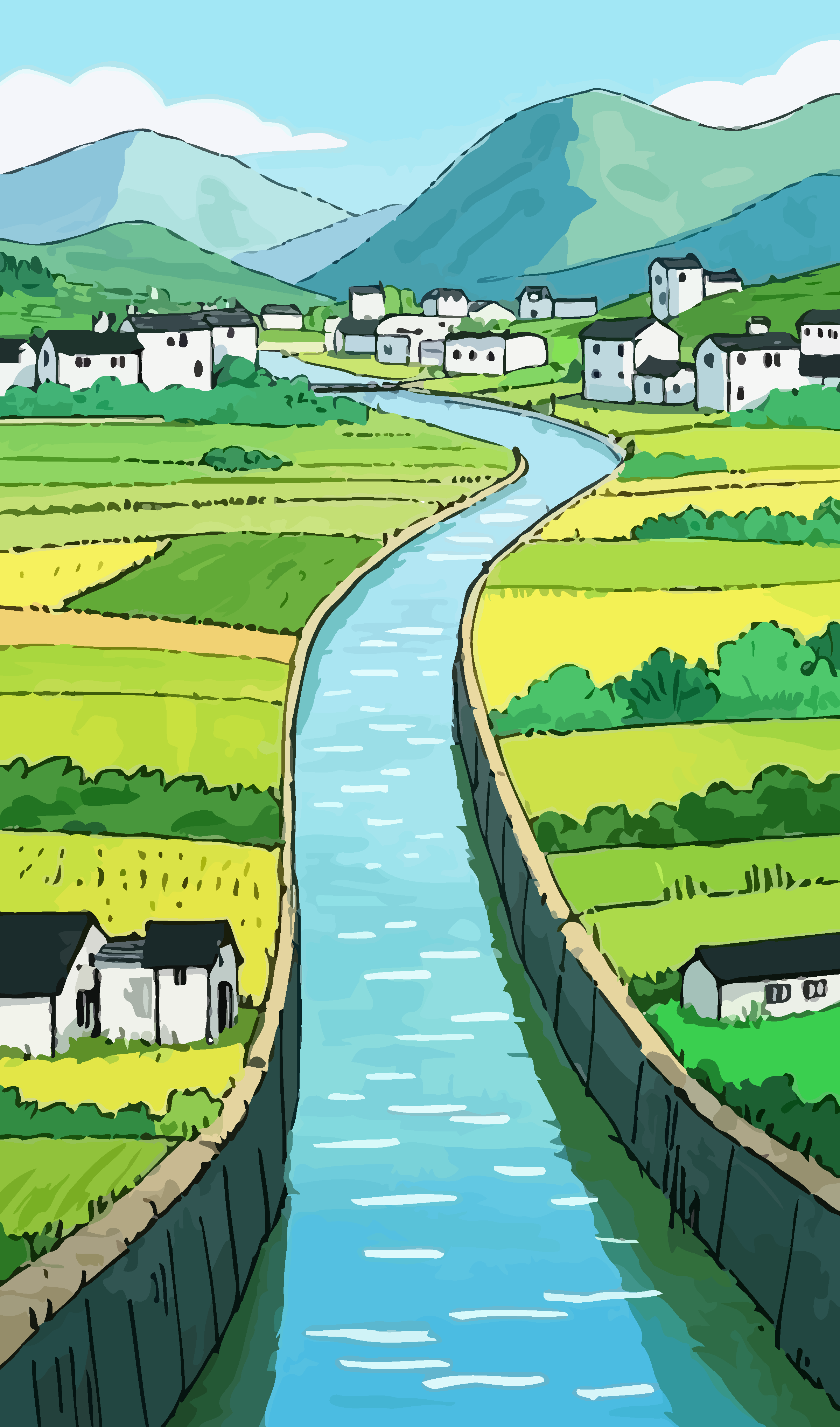 两岸城镇风光矢量插画图形素材