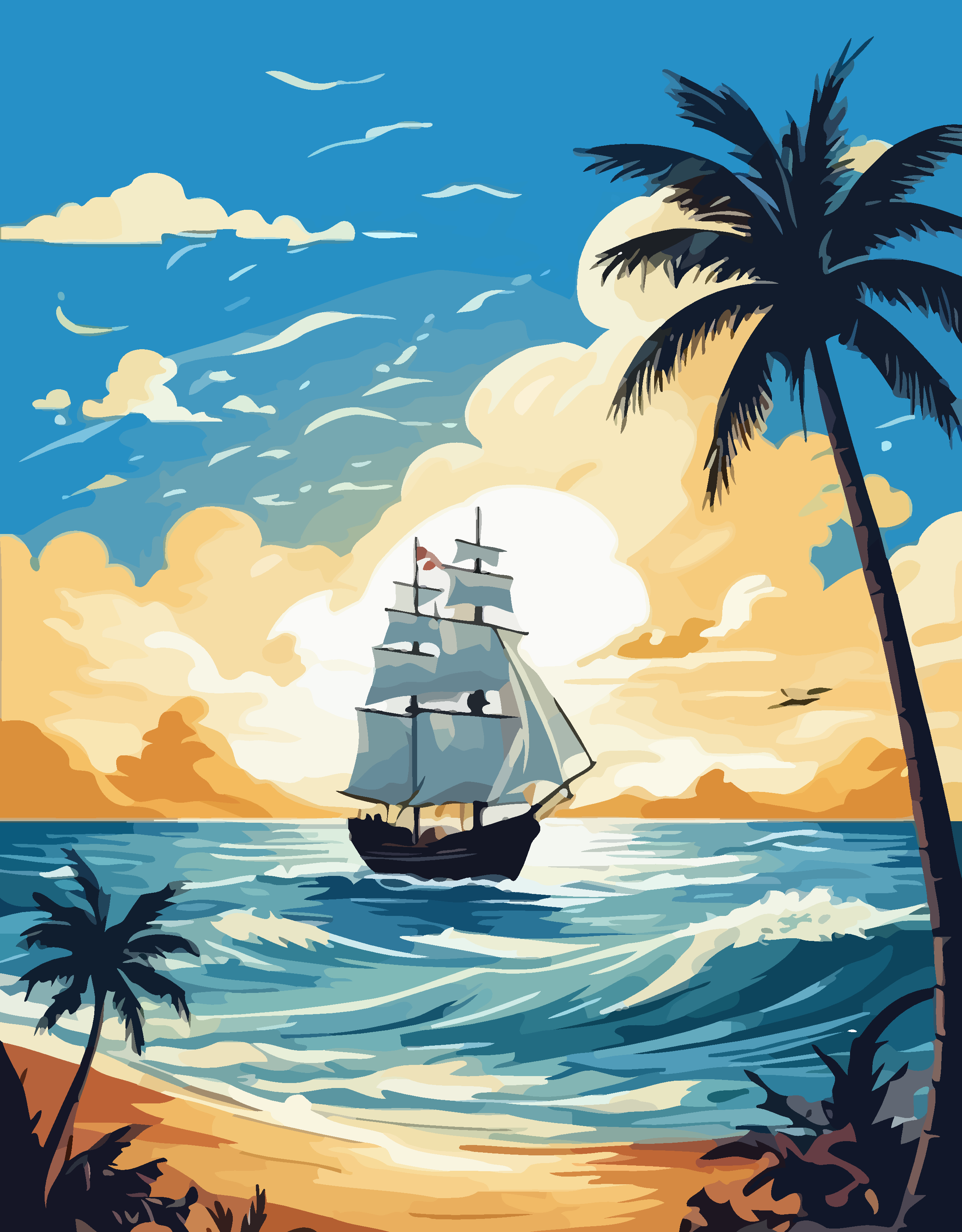 海上帆船矢量插画图形元素素材
