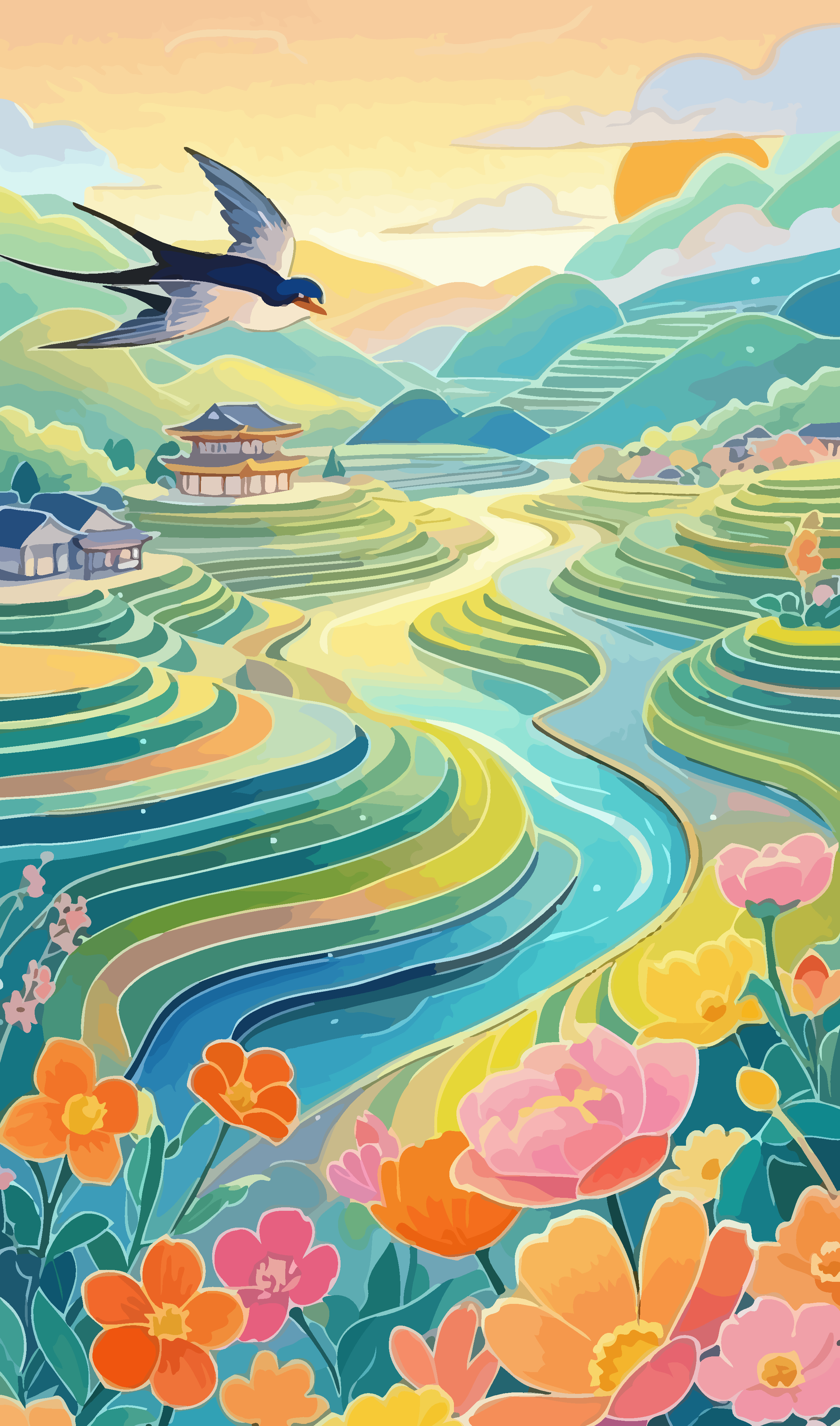 春天梯田燕子矢量插画图形素材